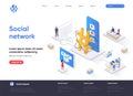 Social network isometric landing page. Internet community communication, social media content sharing, posting message