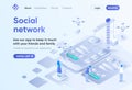 Social network isometric landing page. Mobile communication service, online chatting and media content sharing. Messaging template