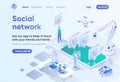 Social network isometric landing page. Online communication with friends and family, social media content sharing. Messaging