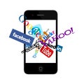 Social network logos on smartphone Royalty Free Stock Photo