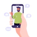 Social network and online chatting concept. Man on phone screen waving hand. Royalty Free Stock Photo
