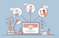 Social network or online communication cartoon outline illustration. Online call via laptop vector concept.