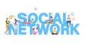 Social network. Online community. People`s using application for social media with big letters background. Flat cartoon vector Royalty Free Stock Photo