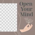 Social media post template. Mudra hand gesture, yoga practice and meditation, text Open your mind. Vector square banner Royalty Free Stock Photo