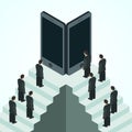 Social network and technology concept. Mobile device in flat Isometric style with people and stairs.