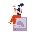 Social Network with Young Woman with Smartphone Liking and Share Post Vector Illustration