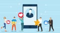 Social networking concept banner. People rate avatars on a smartphone and like. Vector illustration