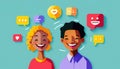 Social networking concept. Social media icons. Cyberspace. Illustration with a smiling couple surrounded by internet icons.