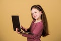 Social networks and blog. Information source. Blogging concept. Girl with laptop computer. Little child using pc