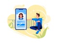 Social networks, chatting, dating app. Young man are sitting near big smartphone and talking to woman in the phone. Flat vector