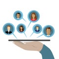 Social Networks and Internet communication concept. Hand holds a tablet and share data on cloud. flat illustration. Royalty Free Stock Photo