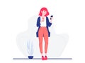 Social networks. Young happy woman standing with smartphone and coffee chatting with friends. Internet communication. Isolated