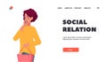 Social Relations Landing Page Template. Pensive Female Character Thinking. Thoughtful Woman Solving Problem