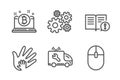 Social responsibility, Facts and Car service icons set. Cogwheel, Bitcoin and Computer mouse signs. Vector