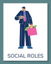 Social roles cartoon poster, businessman with a lot of money, breadwinner, employment earnings vector gender stereotypes