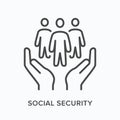 Social security flat line icon. Vector outline illustration of human hands and three persons. Black thin linear Royalty Free Stock Photo