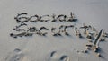 social security written in the sand. economy retirement business background. abstract concept financial creative design element. Royalty Free Stock Photo