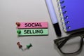Social Selling text on sticky notes isolated on office desk