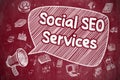 Social SEO Services - Doodle Illustration on Red Chalkboard.