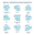 Social stratification and mobility soft blue concept icons