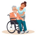 Social Volunteering concept with a young black woman taking an elderly man for a walk in a wheelchair in a park colored