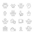 Social Work and Care, Family and Woman Protection, Charity and Donation. Flat Line Vector Icons