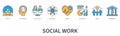 Social work concept with icons in minimal flat line style