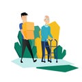 Social worker taking care about seniors people. Volunteer young people help elderly man carry boxes. Vector flat cartoon