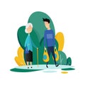 Social worker taking care about seniors people. Volunteer young people help elderly woman shop. Vector flat cartoon