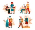 Social workers support old elderly people with disabilities a vector illustration Royalty Free Stock Photo