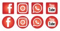 Facebook Instagram WhatsApp YouTube social media squared and rounded red icons