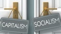 Socialism or capitalism as a choice in life - pictured as words capitalism, socialism on doors to show that capitalism and Royalty Free Stock Photo