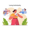 Socialization. Sad female character holding a mask, losing her individuality Royalty Free Stock Photo