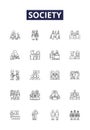 Society line vector icons and signs. community, people, norms, relationships, values, customs, beliefs, settlement