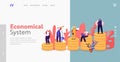 Society Structure Landing Page Template. Tiny Characters of Different Class Stand on Huge Golden Piles. Unemployed, Work