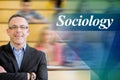 Sociology against elegant teacher with students sitting at lecture hall Royalty Free Stock Photo