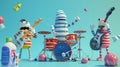 A sock rock band strumming their instruments made out of clothespins with a laundry detergent bottle as their drummer Royalty Free Stock Photo