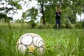 Socker ball in the garden with goalkeeper Royalty Free Stock Photo