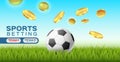 Socker sports betting. Sport field with grass, football ball and falling golden coins. Digital soccer bets, money Royalty Free Stock Photo