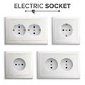 Socket Isolated Set Vector. White Double Grounded Power Switch. Plastic Panel. Electrical Outlet. Realistic Illustration Royalty Free Stock Photo