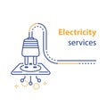 Socket and plug connecting, electricity services, electrical outlet, repair and maintenance, line illustration