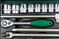 Socket set with socket wrench. Toolkit for the car maintenance. Top view Royalty Free Stock Photo