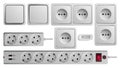 Socket, switch and extension vector outlet for electric plugs and electricity illustration. Set of different types of Royalty Free Stock Photo
