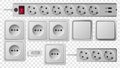 Socket, switch and extension vector outlet for electric plugs and electricity illustration. Set of different types of Royalty Free Stock Photo