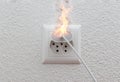 Socket or wire plug malfunction burning phone charger in indoor, electric short circuit causing fire on plug socket