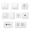 Sockets  light switches  outfits different design realistic set. Electrical supplies  panels Royalty Free Stock Photo