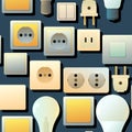 Sockets, switches and light bulbs. Electrical appliances for home network. Spare parts for work of an electrician