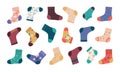 Socks. Cartoon fashion socks isolated set, funny doodle footwear with simple pattern and different stylish elements