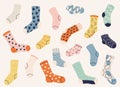 Socks collection. Warm winter woolen foot wear, funny fashion knitted cotton dotted socks, trendy fashion doodle textile