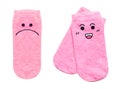 Socks with eye and smile face. Blank shot cute pink single cotton sock isolated on white background with clipping path. A pair of Royalty Free Stock Photo